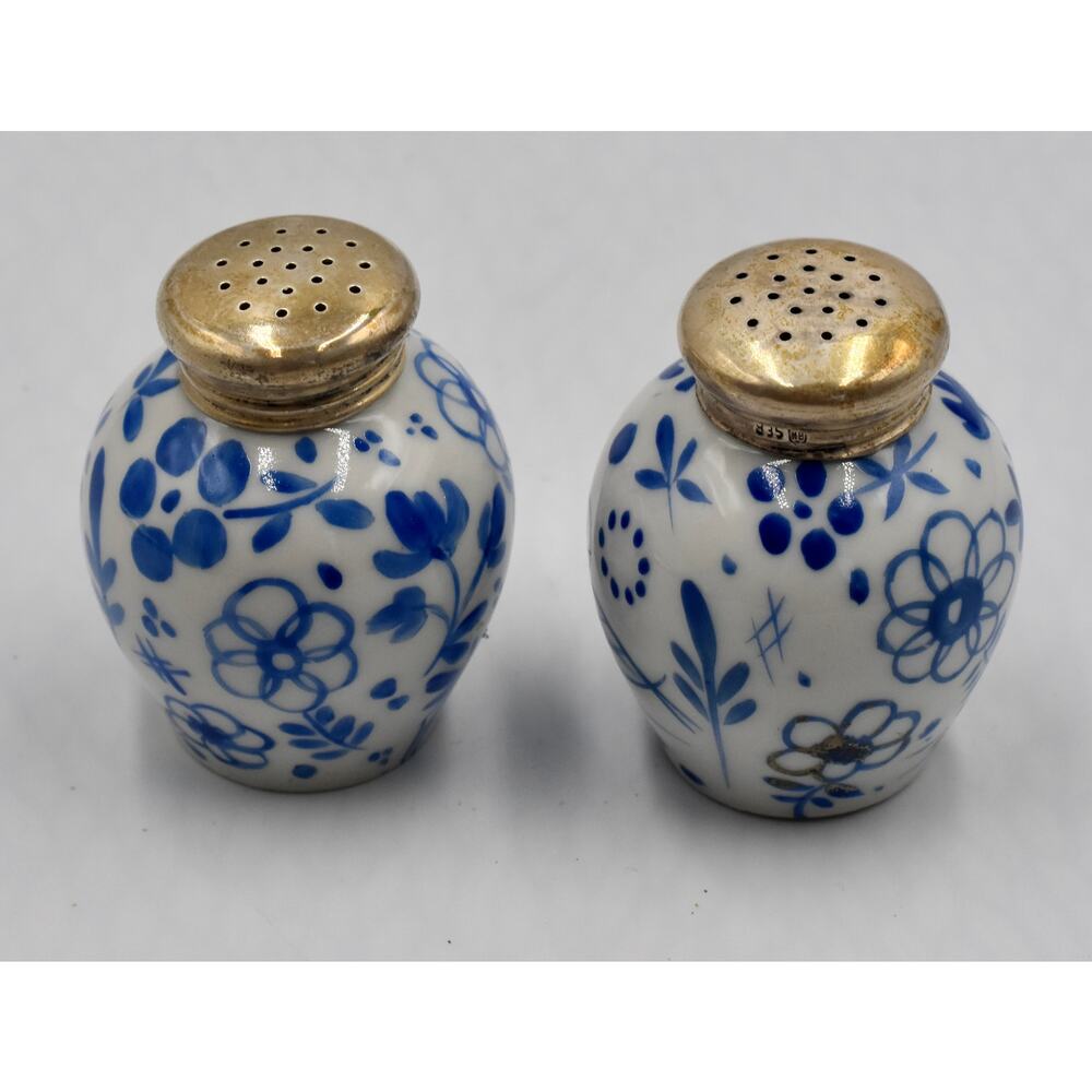 Rare Meissen Blue Porcelain Salt & Pepper Hand Painted Sterling Silver Lids - Picture 3 of 13